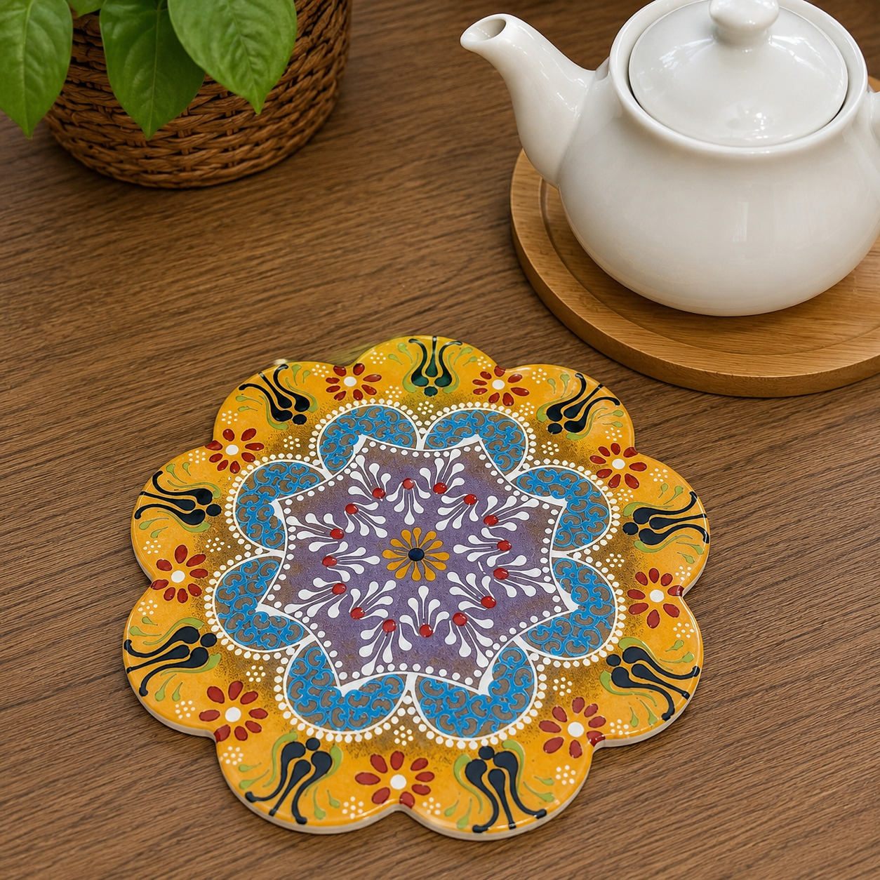 Çini Seramik Sarı Desenli Nihale(Çaydanlık&Tencere Altlığı)