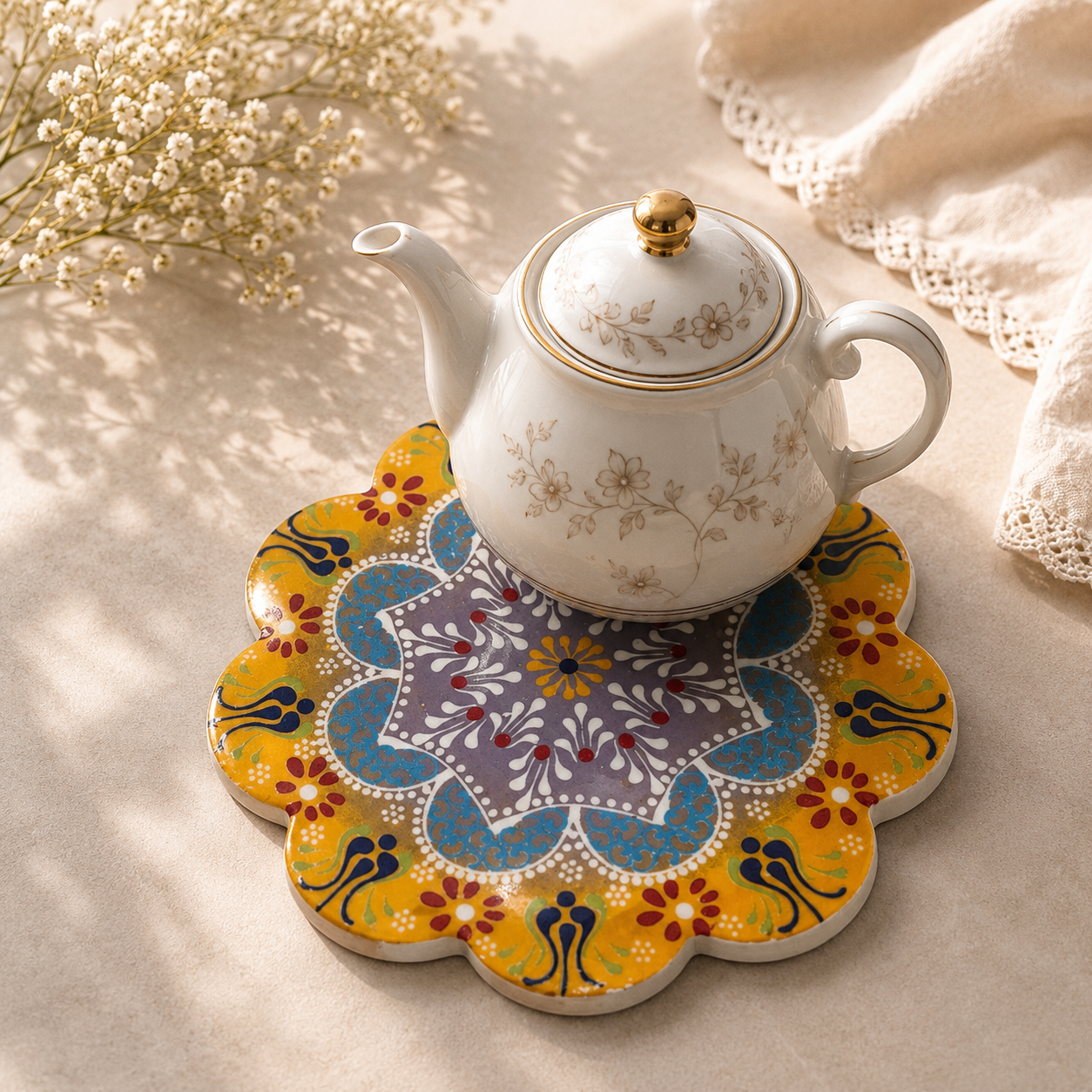 Çini Seramik Sarı Desenli Nihale(Çaydanlık&Tencere Altlığı)