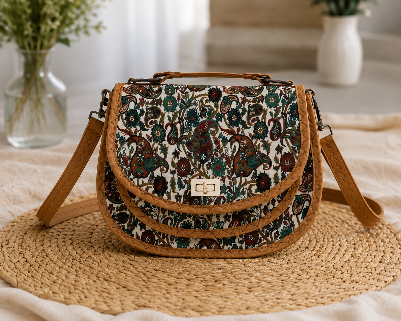Terme Kumaş Kilim Desenli Kadın Çapraz Askılı Omuz Çantası 3 Bölmeli